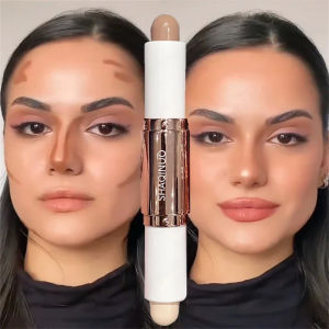 บรอนเซอร์คอนทัวร์2อิน1หัวสองด้านสูงแวววาวสีน้ำตาลอมเทาครีมทำให้สว่างขึ้น Rias Wajah Highlighter เครื่องสำอาง