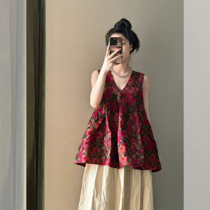 French Vintage Red Floral Print Sleeveless Shirt Womens Summer 2025 New Unique Beautiful Super Good Looking Vest Top