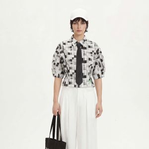 S·DEER | Womens Summer Collared Color Block Checkered Short Sleeve Shirt