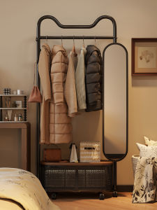 Luxury Mobile Free-Standing Bedroom Coat Rack with Dress Mirror Integrated Stand Iron Material Easy Assembly Home Furniture