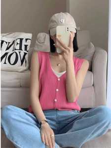 Pink Knitted Vest Womens Summer Outerwear V-Neck Sleeveless Tank Top Commute Style Straight Cut Length Regular Other 100%
