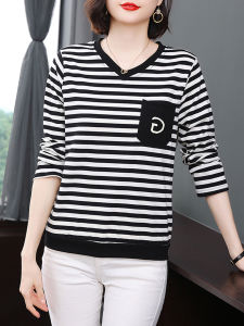 Autumn New Style Womens Long Sleeve Striped Pure Cotton T-Shirt Korean Version V-neck Base Shirt Inner Wear Top for Mom Large Size