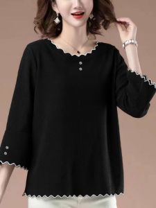 Cooling Ice Silk Loose Mid-Sleeve Womens T-Shirt Summer Mommy Style Top Multi-Piece Set Comfortable plus Size 7/8 Sleeve