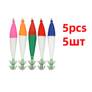 5pcs 6.5g/10.5cm 4#Hook Fishing Lure Luminous Tail Plastic Squid Jig Hook Saltwater Bait For Octopus Cuttlefish Catch