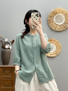 Double-Layer Cotton Yarn Three-Quarter Sleeve Small Stand Collar Shirt Female Summer Moisture Absorption Breathable Soft Glutinous Comfortable Pure Cotton Baby Cotton Yarn Tops