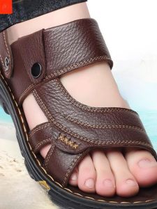 Mens Sandals 2025 New Thick Bottom Leather Beach Shoes Summer Outdoor Anti-slip Wear-resistant Driving Slip-On Casual Shoes
