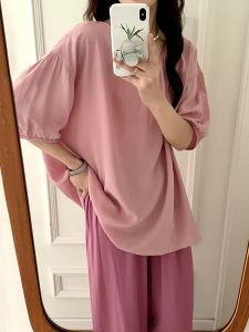 Lightweight Sweet Cotton Pajamas Set Short Sleeve Long Pants Home Clothes Comfortable Sleepwear for Women round Neck Design