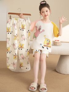 MiiOW | Pure Cotton Childrens Sleepwear Set Short Sleeve Long Pants Cartoon Cute Home Clothes For Girls Catman Breathable All Seasons