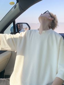 Loose Mens Short Sleeve T-Shirt V-Neck Half Sleeve Breathable Polyester Spring Summer New Style Textured Casual Teenage Student