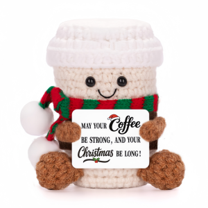 Handmade Crochet Coffee Doll with Positive Energy Card Funny Emotional Support Desktop Decor Home Ornament Christmas Party Gifts
