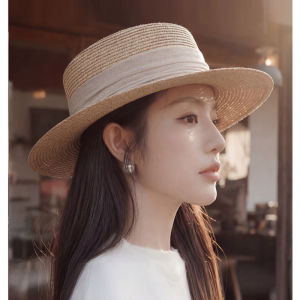 Cgediao | Old Money French Style Flat Top Straw Hat for Women Summer Beach Holiday Sunscreen
