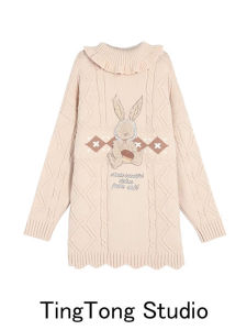 Cute Rabbit Embroidery High Collar Sweater Dress Womens Autumn Winter Christmas Atmosphere Loose Knitted Dress H-Shape