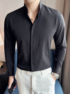 New Chinese Style Mens Long Sleeve Shirt Small Stand Collar Drapey Elastic mid Neck Trendy Half High Neck Pure Color Top