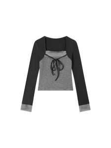 THROUS | Áo Sweater Len Ôm Body Họa Tiết Sọc Mảnh Giả 2 Mảnh Cổ Tròn