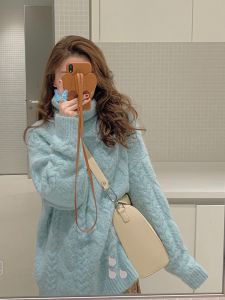 Korean Style Loose Thickened Knitted High Collar Sweater Coat Autumn Winter Women Lazy Style Overhead Knitted Top