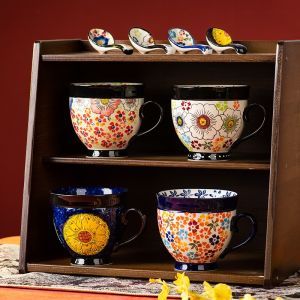 OMK Polish Style Hand Painted Ceramic 510ML Breakfast Cup With Lid Mug Coffee Cup With Spoon Suit
