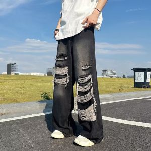 Retro Hole Denim Jeans Mens Summer Thin High Street Pauper Straight Leg Pants Trendy Hong Kong Style Wide Leg Pants