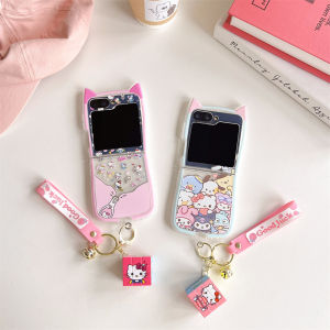 เคสโทรศัพท์ซิลิโคนน่ารัก Kitty Cat Drifting Bottle สำหรับ Samsung ZFlip7 ZFlip6 ZFlip5/4 Flip3 ป้องกันการตกหล่น สายรัดข้อมือ ลายการ์ตูน Kawaii