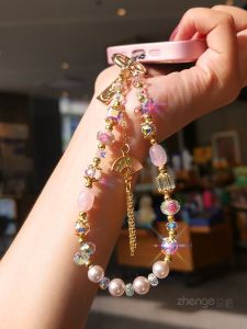 Short High-End Retro Glass Crystal Bead Pendant Fan Shape Mobile Phone Chain Lanyard Outdoor Shell Durable Womens Accessory