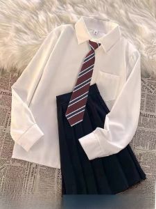 JK Uniform Shirt Womens Long Sleeve Fleece Lined Skirt Set with Bow Tie College Style Warm Business Casual Pure Color Sweet