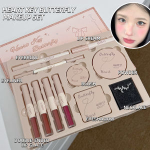 Makeup Gift Box Butterfly Bow Heart Limited Lipstick Powder Blush Eyeshadow Makeup Gift Box Set and Necklace Gifts for Women