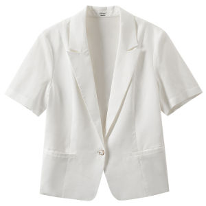 INMAN Summer New Womens Short Sleeve Silk Linen Blazer Jacket Top Loose Fit Commute Style Pure Color Button Pocket Detail