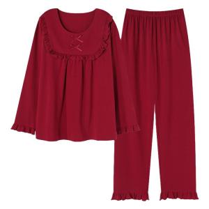 Miiow | Red Cotton Pajamas Couple Sleepwear Long Sleeve Round Neck Antibacterial Cotton 7A Comfortable Fit Long Pants For Men And Women