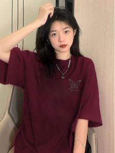 SUSHOUWANGE | Burgundy Pure Cotton Retro Style Summer T Shirt