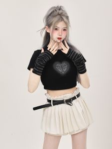 เสื้อยืดแขนสั้นสีดำสไตล์อเมริกัน 2 ชิ้น สำหรับผู้หญิง ฤดูร้อน เสื้อแขนกุดดีไซน์ไม่ซ้ำใคร แฟชั่นลำลอง ทรงหลวม ผ้าฝ้าย