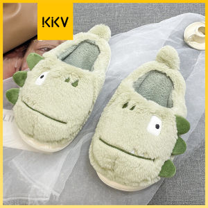 KKV-Ohgo! การตรวจสอบรองเท้าแตะผ้าฝ้ายผู้หญิงไดโนเสาร์นุ่มสบายสีชมพู/เขียว38-39หลา