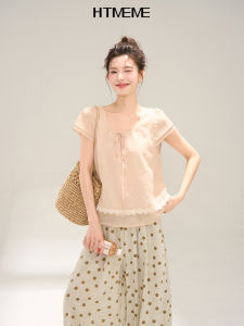 HTMEME | Sweet Lace Border Embroidered Bow-tie Short Sleeve Blouse
