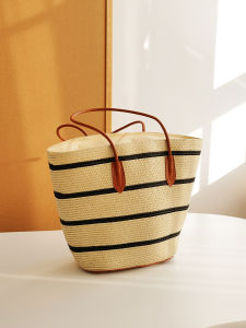 Himade Socks Large Capacity Woven Shoulder Bag for Women Summer Vacation Stripe Underarm Bag Commuter Versatile Tote Bag