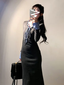 French Elegant Grey V-Neck Knitted Dress Womens Early Autumn 2025 New Long Sleeve Waist-Cinching Long Dress