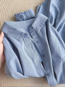 Spring Autumn Ultra White Pure Cotton Blue Shirt Loose Fit Innerwear Outerwear Versatile Korean Style Long Sleeve Polo Neck