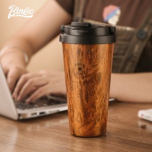 BINCOO Thermal Bottle Wood Vacuum Cup Coffee Mug High-end Retro Tea Cup Portable and Large Capacity for Outdoor Travel 500ML