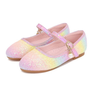 Princess Shoes for Girls Baby Soft Bottom Shiny Crystal Rainbow Colored Spring Summer Leather Shoes Childrens Footwear