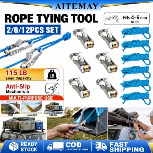 Aitemay 12PCS Heavy Duty Knot-Free Rope Tightening Tool & Tensioner Retractable Buckle with Accessory Rope for Camping Tarp Hammock Boating & Outdoor Gear Securing