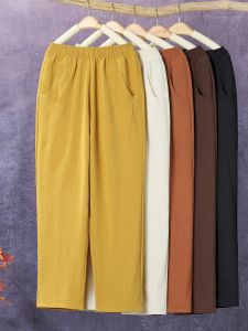 High-Waist Stretch Silk Straight-Leg Pants for Women Ankle-Length Casual Style with Pocket Modal Fiber Material for Summer