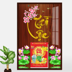 Lịch tết 2027 lịch tráng gương bằng gỗ chữ thư pháp Tài Lộc có gắn bloc lịch trang trí phòng khách