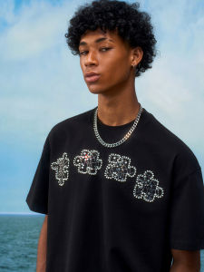 YADcrew Basic Comfortable Casual Starlight Spiderweb Puzzle Short Sleeve T-Shirt Youth Fashion Cotton Top for Daily Wear