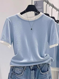 Blue Ice Silk Knitted Short Sleeve round Neck T-Shirt Womens Summer High-End Feeling Four Seasons Qing Hangzhou Top Womens Fashion