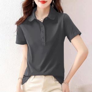 plus Size Womens Summer Cotton Polo Neck Short Sleeve T-Shirt Korean Style Slim Fit Casual Commute Fashion Loose Type Top
