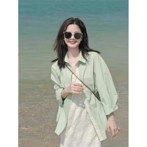 Mint Green Wave Style Womens Shirt Summer New Loose Thin Long Sleeve Sun Protection Outerwear Polo Collar Regular Length