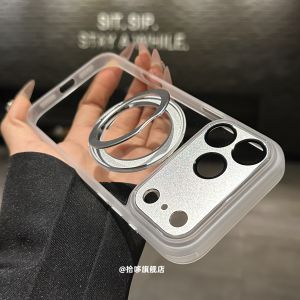 High Transparent Magnetic Absorption Phone Case with Armor Lens Film for Apple 17Promax 16Pro 15PM 360 Rotating Stand Full Cover Protective Shell