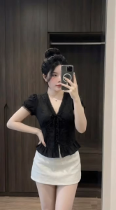 Áo sơ mi nữ tay ngắn cổ tim phối ren có nơ Áo sơ mi nữ kiểu Hàn Quốc dáng Babydoll Lucky Clothing