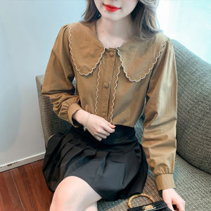 Ammin áo sơ mi cotton dáng rộng đa năng thời trang mùa thu 2023 cho nữ áo dài tay đa năng cổ áo búp bê thêu họa tiết tươi tắn nhỏ văn học dáng rộng phiên bản hàn quốc