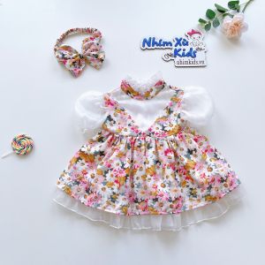 Váy Lụa Hoa Tay Ngắn Bé Gái 3 Đến 15kg Chất Lụa Phối Tơ Xước Ánh Nhũ [V029]