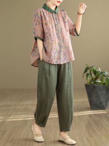 Slimming Large Size Loose Cotton Linen Set for Mom Summer New Style Vintage Fashionable Short Sleeve Two Piece Suit