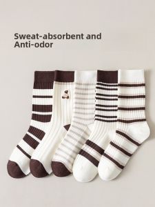 JINGCHI | Pure Cotton Anti-Odor Sweat Absorbent Womens Mid-Calf Spring Autumn Sports Socks Cute White Long Socks Breathable Comfortable