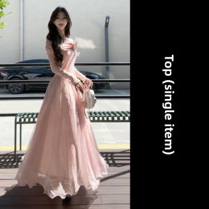 LIRUSHAN | Waist Cinching Pink Long Sleeves Off-Shoulder Maxi Dress Set